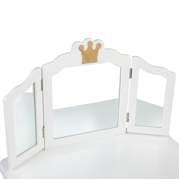 Children's Wooden Dressing Table Three-Sided Folding Mirror Dressing Table Chair Single Drawer White Crown Style