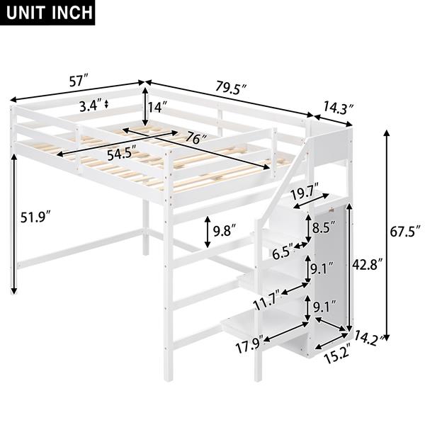 Full Size Loft Bed with Built-in Storage Wardrobe and Staircase, White