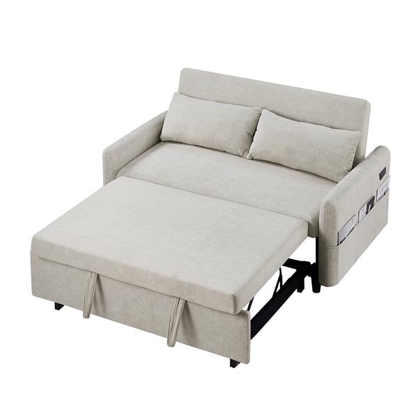 55.1" Pull Out Sleep Sofa Bed Loveseats Sofa Couch with Adjsutable Backrest, Storage Pockets, 2 Soft Pillows, USB Ports for Living Room, Bedroom, Apartment, Office, Beige