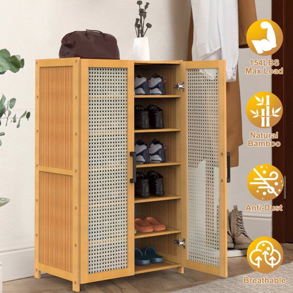 6-Tier Shoe Cabinet with Bamboo Shoe Rack Freestanding Shoe Organizer with 2 Hollow Doors and Handles 154lbs Max Load for Closet Hallway Living Room