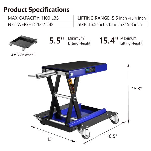 1100 Lbs Steel Wide Deck Motorcycle Lift ATV Scissor Lift Jack with Dolly and Hand Crank Bikes Garage Repair Hoist Stand