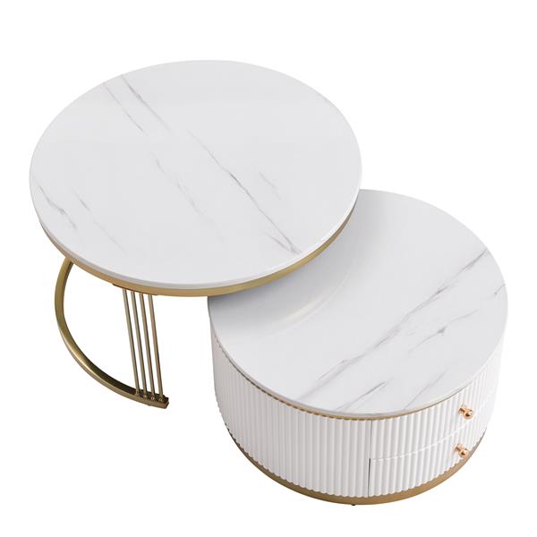 Modern 2 Pieces White Round Nesting  Coffee Table with Drawers in 27.6''