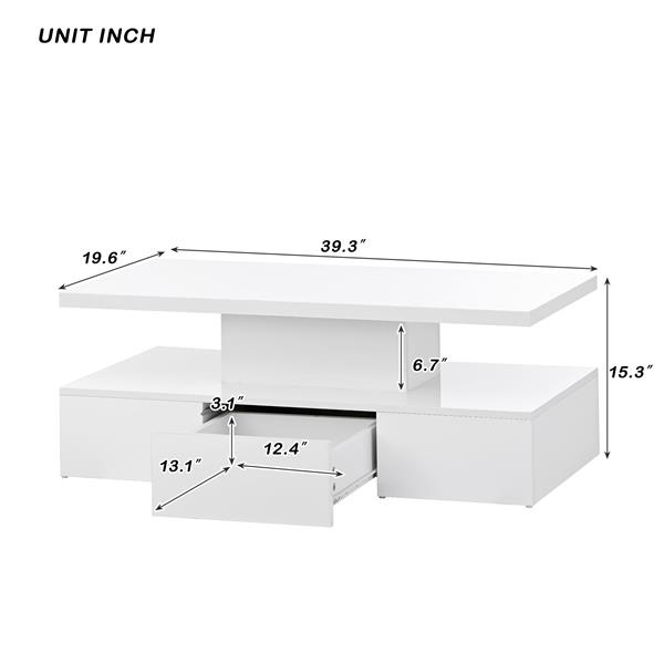 Modern Glossy Coffee Table With Drawer, 2-Tier Rectangle Center Table with LED lighting for Living room, 39.3''x19.6''x15.3'', White