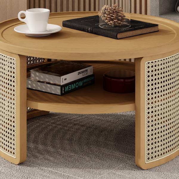 2-Tiered Round Natural Wood Coffee Table with Storage Rattan Base in 31.3''