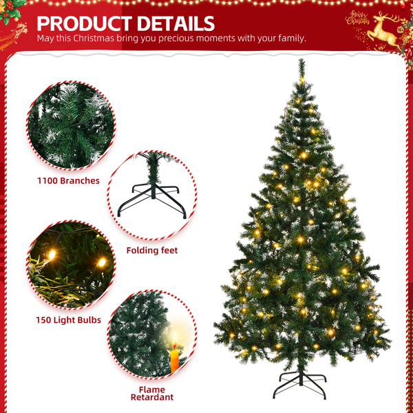 7 FT Snow Tipped Artificial Christmas Tree with DIY 150 Warm Lights, Remote Control, 1100 Branch Tips and Sturdy Metal Stand, Green & Snow Tipped