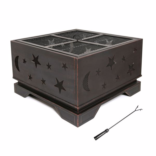 26 Inch Square Fire Pit with BBQ Grill, Outdoor Wood Burning Firepit with Poker, Large Burning Space Fireplace for Patio Garden Camping Backyard Picnic Bonfire 