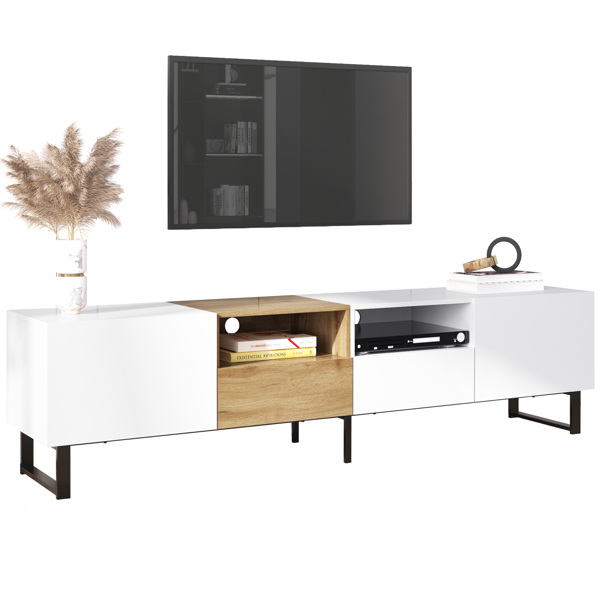 Modern TV Stand with 2 Cabinets& Open Storage Compartment, Color-matching Media Console Table for TVs up to 85'', Entertainment Center with Drop Down Door for Living Room, Bedroom, Home Theatre 