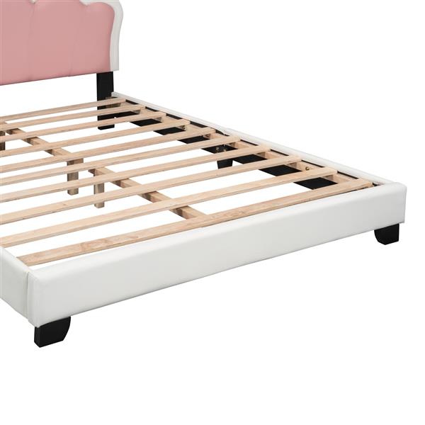 Full size Upholstered Princess Bed With Crown Headboard,Full Size Platform Bed with Headboard and Footboard, White+Pink