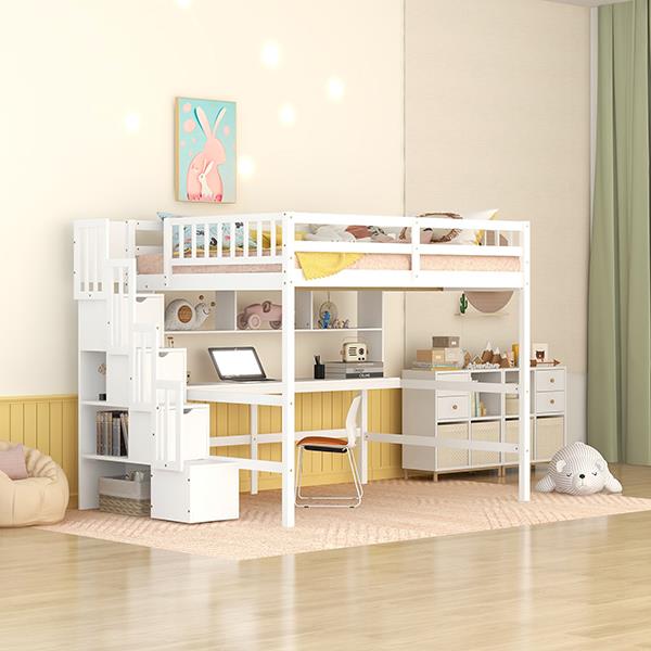 Full Size Loft Bed with Built-in Desk, Bookshelves and Storage Staircase,White