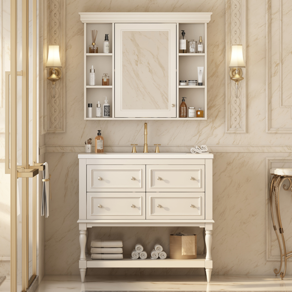 36'' Bathroom Vanity with Medicine Cabinet, Modern Mirror Cabinet with Adjustable Shelf, Bathroom Storage Cabinet with 4 Drawers, Solid Wood Frame Bathroom Storage Cabinet 