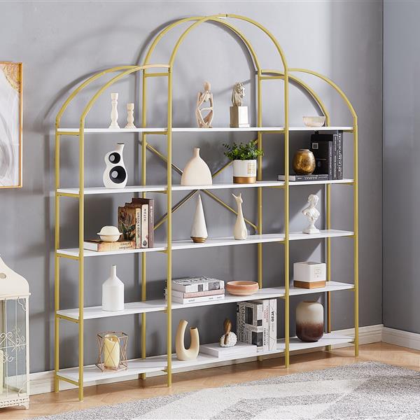 74.8 Inch 5 Tiers Office Bookcase Bookshelf, Display Shelf with Round Top, X Bar Gold Frame