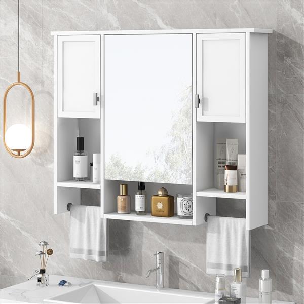 35'' x 28'' Modern Wall Mounted Bathroom Storage Cabinet, Bathroom Wall Cabinet with Mirror, Medicine Cabinet with Towels Bar