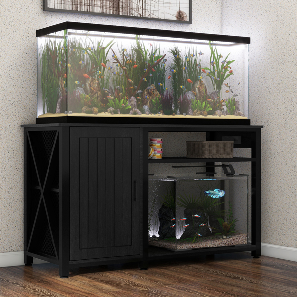 Heavy Duty 55-75 Gallon Aquarium Stand with Power Outlets, Cabinet for Fish Tank Accessories Storage - Metal Fish Tank Stand Suitable for Fish Tank, Turtle Tank, 880LBS Capacity, Black 