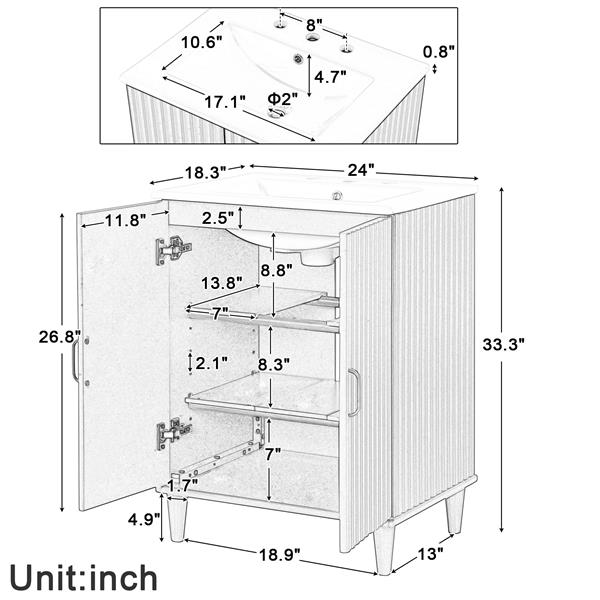 24" Bathroom Vanity with Sink, Bathroom Vanity Cabinet with Two Doors, Adjustable Shelves, Solid Wood and MDF, White