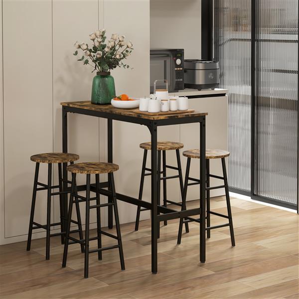 Bar Table Set for 4, Industrial High Top Table with Bar Stools, 5-Piece Small Kitchen Table and Chairs for Pub, Dining Room, Rustic Brown