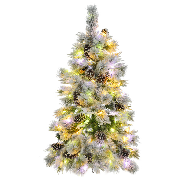 4FT Pre-Lit Spruce Snow Flocked Christmas Tree with Pine Cones, Artificial Xmas Tree with 170 Branch Tips,Mixed PE & PVC Branches, 120 Multi-Color LED Lights, 11 Flashing Modes, Holiday Décor 