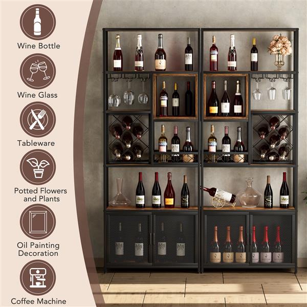 82.7" Industrial Tall Black Bar Wine Rack Cabinet with Glass Holder Wood Home Bar Cabinet