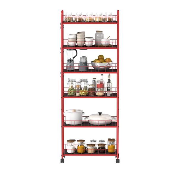 Red 6 Tier Slim Rolling Storage Cart, Mobile Shelving Unit with Wheels, Metal Wire Storage Shelving Rack with Baskets for Kitchen Bathroom Office Laundry Narrow Piaces