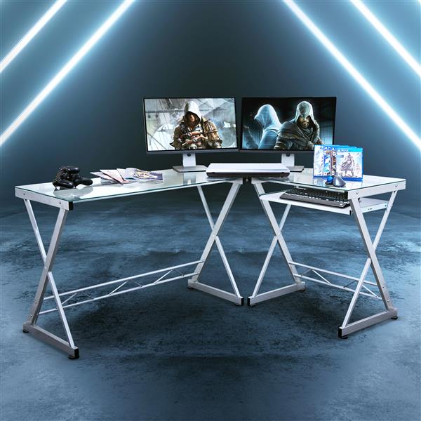 L-Shaped Tempered Glass Top Computer Desk with Pull Out Keyboard Panel, Clear