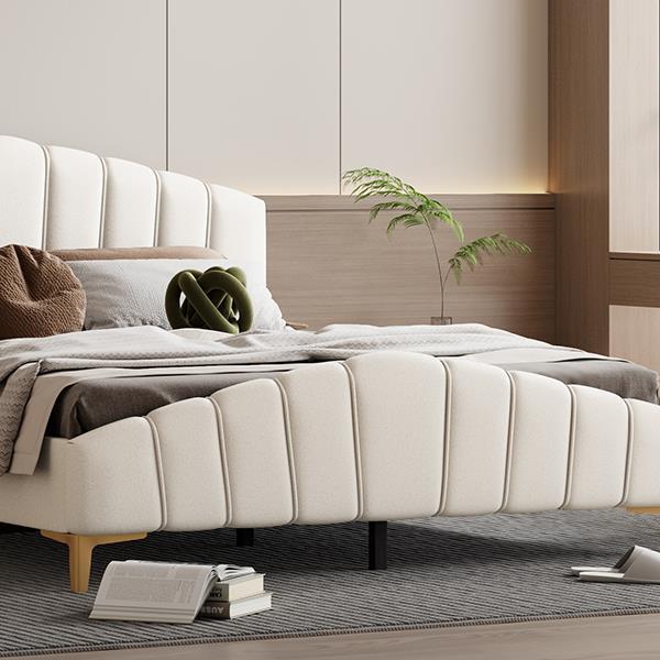 Queen Size Velvet Platform Bed with Thick Fabric, Stylish Stripe Decorated Bedboard and Elegant Metal Bed Leg, Beige