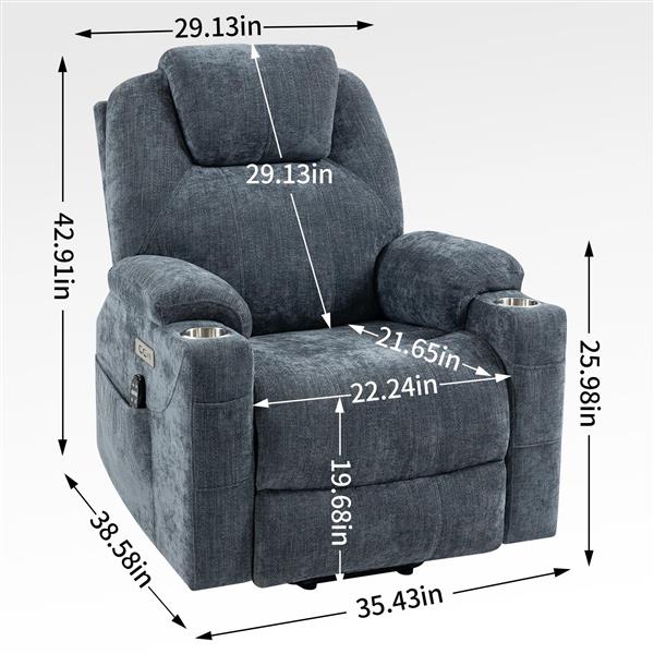 Up to 350 LBS Chenille Power Lift Recliner Chair, Heavy Duty Motion Mechanism with 8-Point Vibration Massage and Lumbar Heating, USB and Type-C Ports, Stainless Steel Cup Holders, Blue