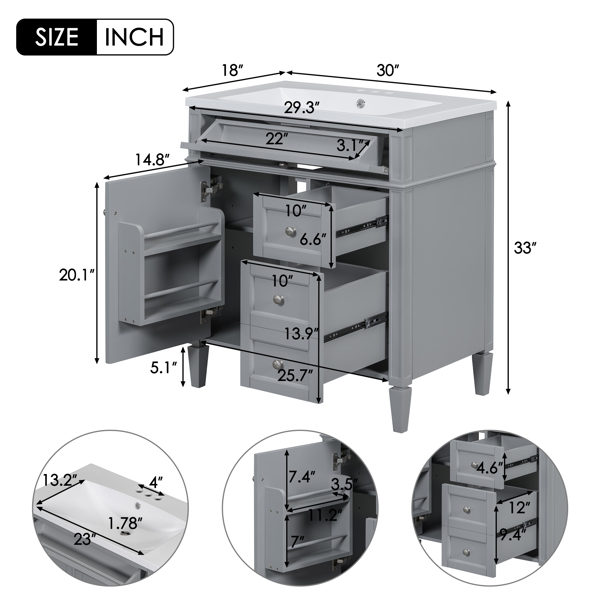 30'' Bathroom Vanity with Top Sink, Modern Bathroom Storage Cabinet with 2 Drawers and a Tip-out Drawer, Freestanding Vanity Set with Mirror Cabinet, Single Sink Bathroom Vanity 