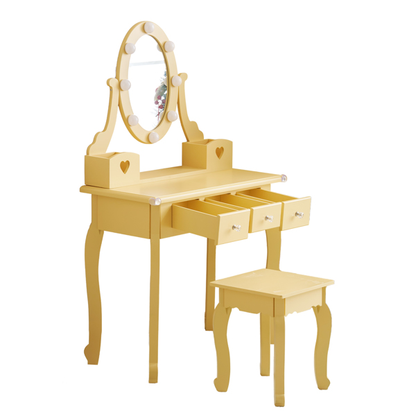 FCH Kids Vanity Set with Mirror and Lights and Stool, 5 Storage Drawers, Pretend Play Princess Makeup Desk Dressing Table and Stool Set for Little Girls Age 3+, Macaroon Orange