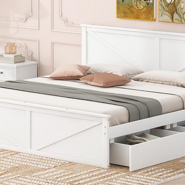 King Size Wooden Platform Bed with Four Storage Drawers and Support Legs, White