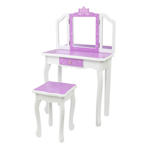 Children's Wooden Dressing Table Three-Sided Folding Mirror Dressing Table  Chair Single Drawer Purple   Snowflake Style