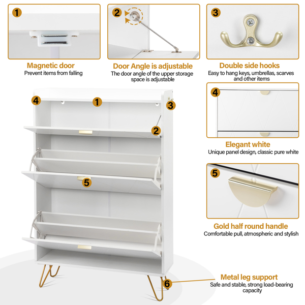 FCH V-shaped carved door panel 2 drawers with top flip drawer shoe cabinet particle board 80*24*120cm white cabinet + gold accessories