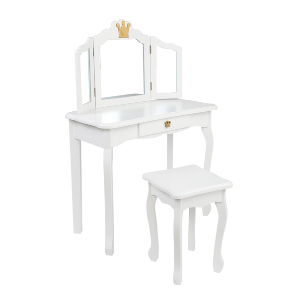 Children's Wooden Dressing Table Three-Sided Folding Mirror Dressing Table Chair Single Drawer White Crown Style