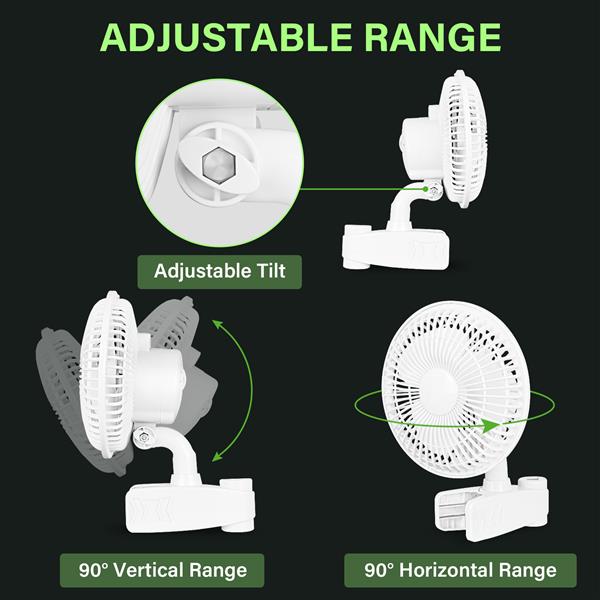 6-Inch Grow Tent Poles Clip Fan, Monkey Fan, Manually Adjustable 90° Angles, 15W, 2-Speeds Control, 63 inch Cord Length, White