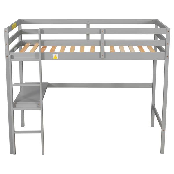 Twin Loft Pine Wood Bed with  built-in desk, Safety Guardrails, Ladder,Grey