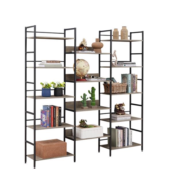 Triple Wide 5-shelf Bookshelves Industrial Retro Wooden Style Home and Office Large Open Bookshelves, Grey, 69.3"W x 11.8"D x 70.1"H