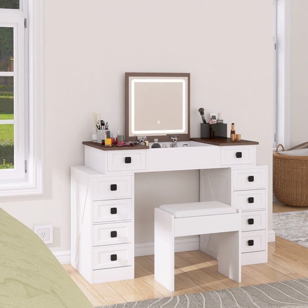 Vanity Desk with Dimmable LED Light with 10 Drawers, Makeup Table with Flip Up Mirror for Space-saving,Large Storage Vanity Table Set with Stool and Drawers, White+Walnut Finish 