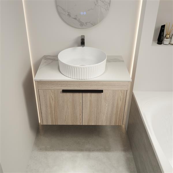 30 " Modern Design Float Bathroom Vanity With Ceramic Basin Set, Wall Mounted White Oak Vanity With Soft Close Door,KD-Packing,KD-Packing,2 Pieces Parcel(TOP-BAA0014012OO)