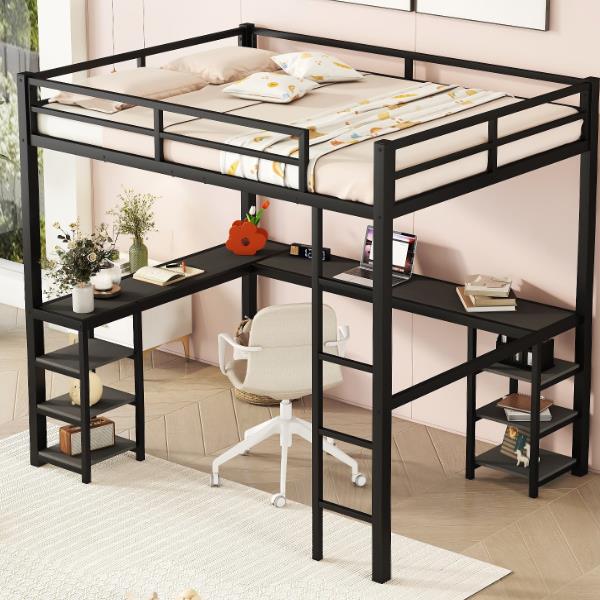 Full Metal Loft Bed with Desk and Shelves, Loft Bed with Ladder and Guardrails, Loft Bed Frame for Bedroom, Black with black desk