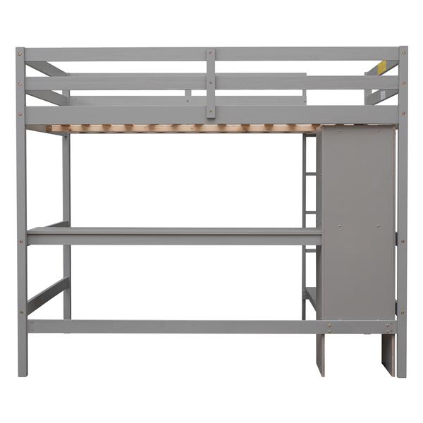 Full Size Loft Bed with Multifunction Shelves and Under-bed Desk, Gray