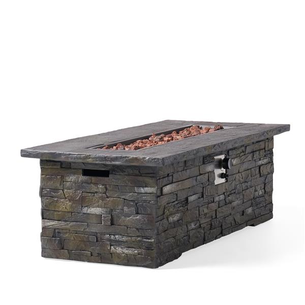 Outdoor Patio Concrete Fire table, Rectangle Gas Burning 56-Inch Fire Pit - 50, 000 BTU, Stone Pattern Fire Table, Grey