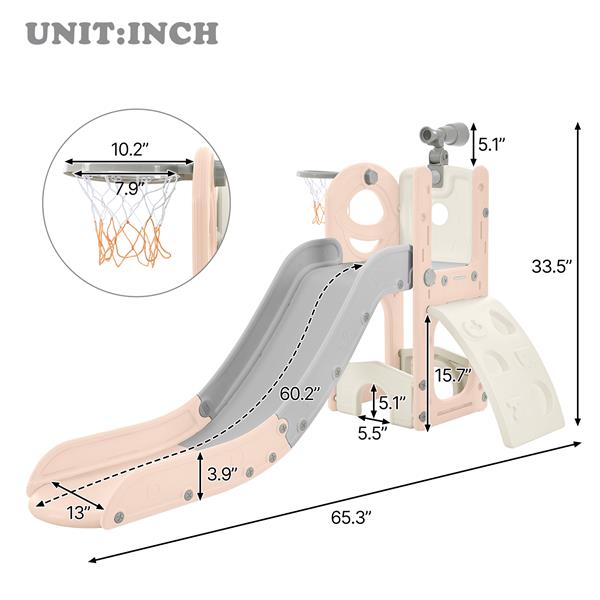 Kids Slide Playset Structure 5 in 1,   Spaceship Set with Slide, Telescope and Basketball Hoop, Golf Holes for Toddlers, Kids Climbers Playground