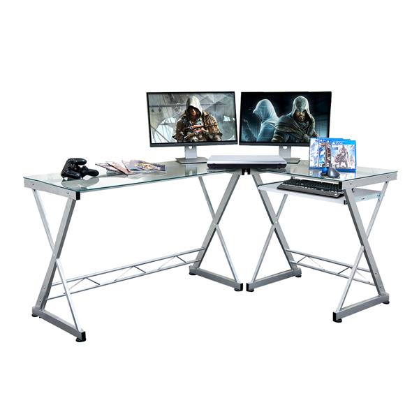 L-Shaped Tempered Glass Top Computer Desk with Pull Out Keyboard Panel, Clear