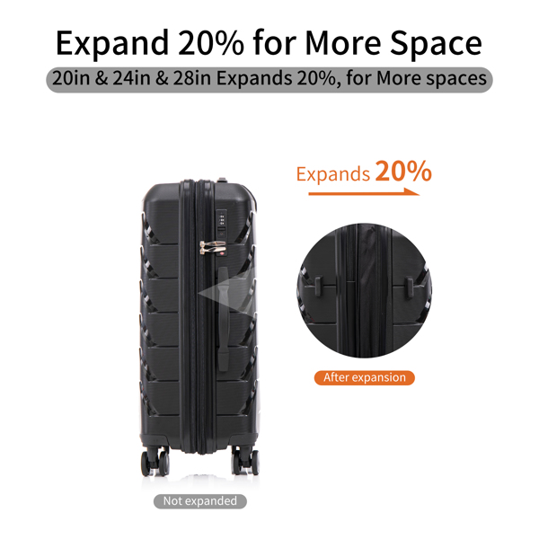 PP Luggage Sets 3 Piece(20/24/28), Expandable Carry On Luggage with TSA Lock Airline Approved, PP materials Hard Shell and Lightweight Suitcase with Spinner Wheels (Black) 