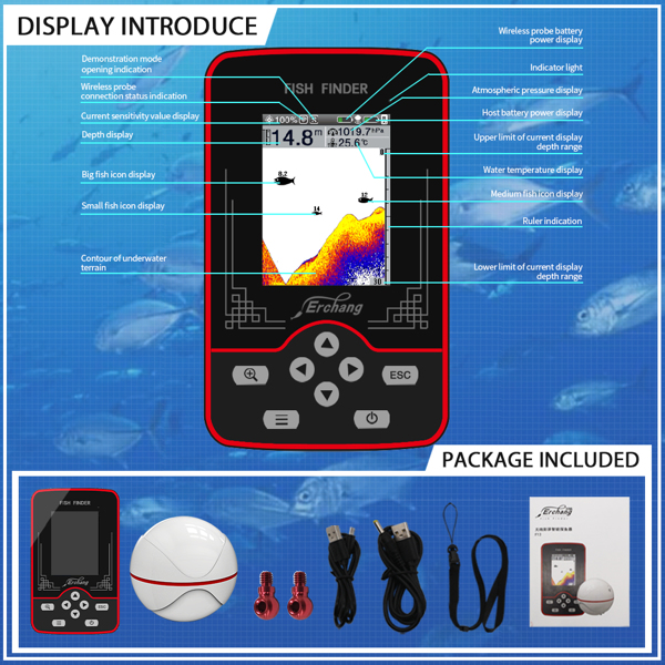 Wireless Sounder Fish Finder Rechargable 100m Distance Lake River Sea Fishing 60m/200ft Water Depth Fishfinder Portable Fish Finder Echo Sounder