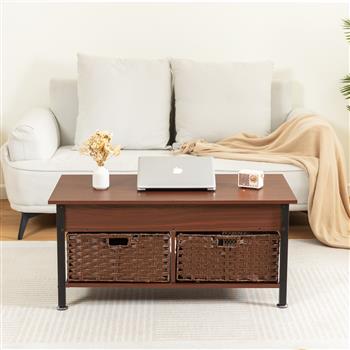 Metal coffee table,desk,with a lifting table,and hidden storage space.There were two removable wicker baskets that could be placed in any space such as the living room,color:brownwith solid wood grain