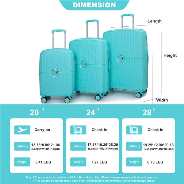 Expandable Hardshell Suitcase Double Spinner Wheels PP Luggage Sets Lightweight Durable Suitcase with TSA Lock,3-Piece Set (20/24/28) , Lake Blue