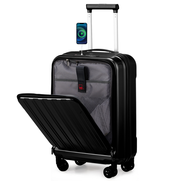 Expandable Carry on Luggage 22 ×14 × 9 Airline Approved with USB Port, ABS+PC 20 Inch  Luggage with Front Compartment, Double Spinner Wheels, TSA Lock, Black