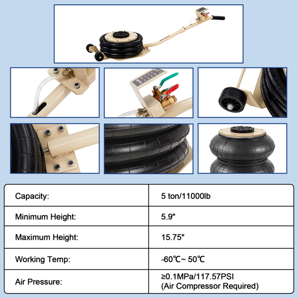 Air Jack, 5 Ton/11000 lbs Triple Bag Air Jack, Air Bag Jack Lift Up to 15.75 Inch, 3-5S Fast Lifting Air Bag Jack for Cars with Long Handle, White