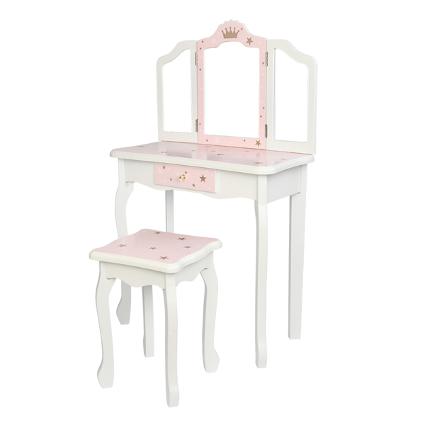 Wooden Toy Children's Dressing Table Three Foldable Mirror/Chair/Single Drawer Pink Star Style