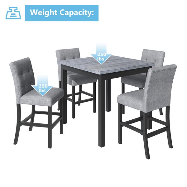 5-Piece Counter Height Dining Set Wood Square Dining Room Table and Chairs Stools w/Footrest & 4 Upholstered high-back Chairs,Black