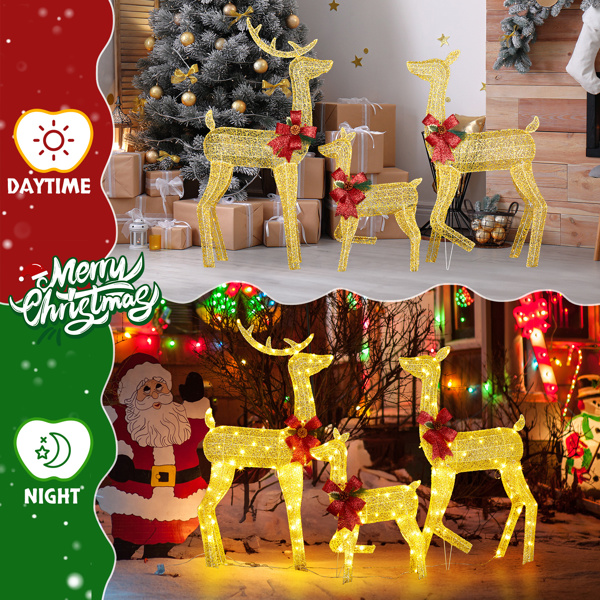 3-Piece Lighted Christmas Reindeer Family Set Outdoor Decorations, Weather Proof 2D Deer Family Set of 3 Christmas Ornament Home Decor Pre-lit 200 LED Warm White Lights with Stakes, Golden